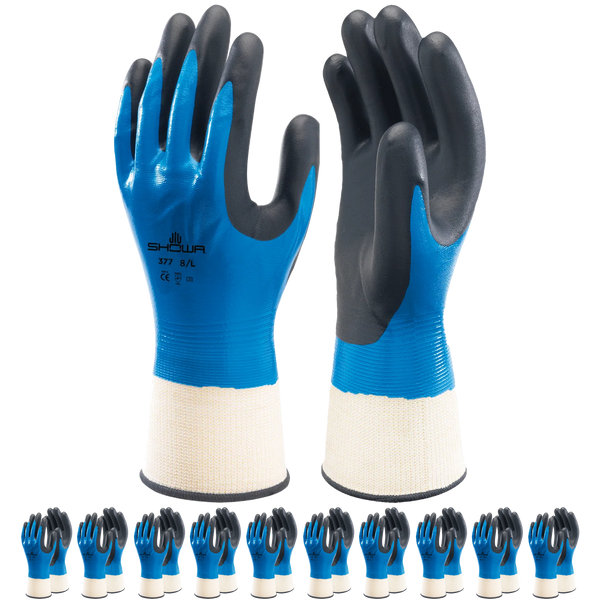 SHOWA 377 Waterproof Impermeable Fully Coated Work Gloves with Nitrile Grip (PACK of 10 PAIRS)