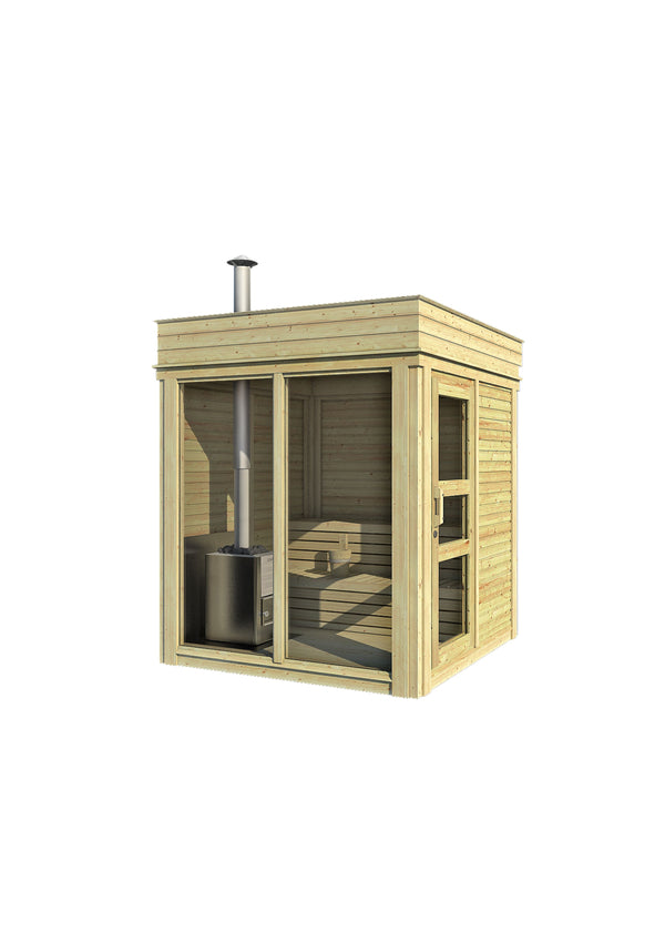 Wooden sauna with a stove on a white background