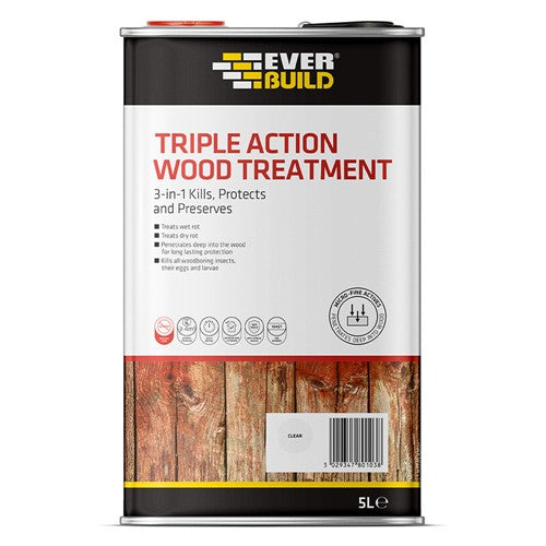 Can of Everbuild Triple Action Wood Treatment on a white background