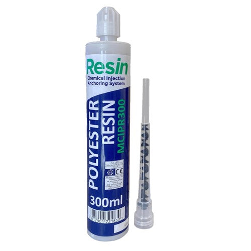 Polyester resin can with a syringe on a white background