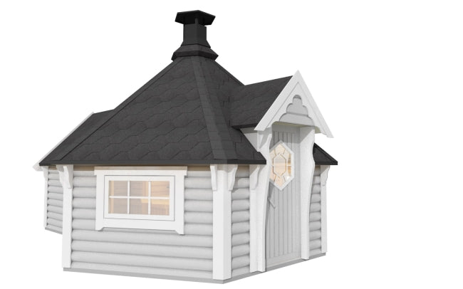 Small log cabin with a black roof on a white background