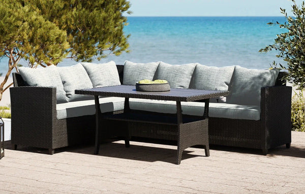 Stockholm 6 Seater Black Rattan Corner Garden Dining and Lounge Set