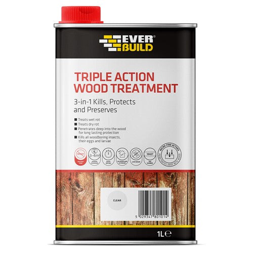 Can of Everbuild Triple Action Wood Treatment on a white background